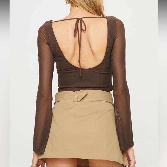 Princess Polly Women’s 10 Chocolate Brown Mesh LS Tie Back Crop Top NWOT - Picture 4 of 16